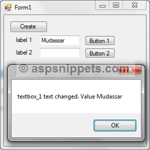 Add Dynamic TextBox, Label and Button controls with TextChanged and Click event handlers in Windows Forms (WinForm) Application