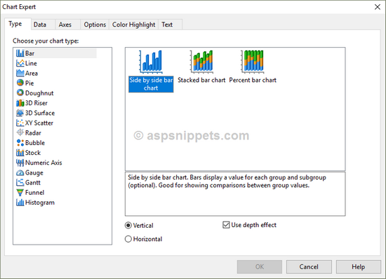 Display Bar Chart in Crystal Report in ASP.Net using C# and VB.Net