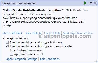 .Net MailKit Error: 5.7.0 Authentication Required