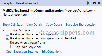 .Net MailKit Error: sender@gmail.com No such user here