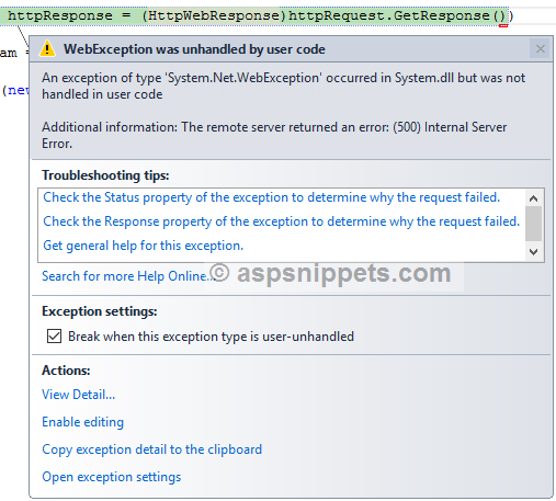 HttpWebRequest GetResponse: The remote server returned an error: (500) Internal Server Error