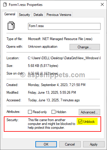 Exception: Couldn't process file resx due to its being in the Internet or Restricted zone