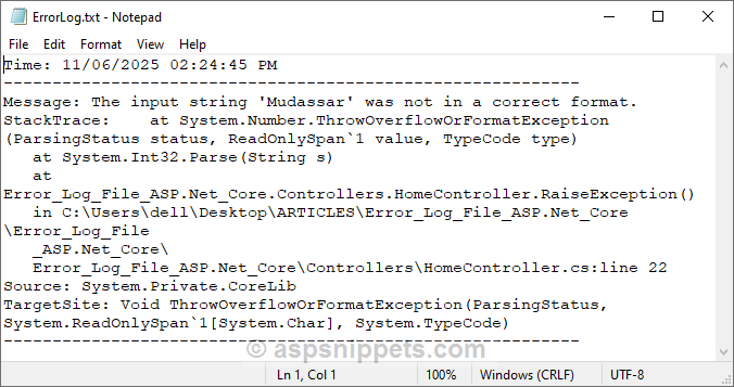 Error logging and Exception handling in ASP.Net Core