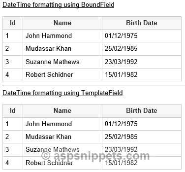 Format DateTime field in dd/MM/yyyy format in ASP.Net GridView