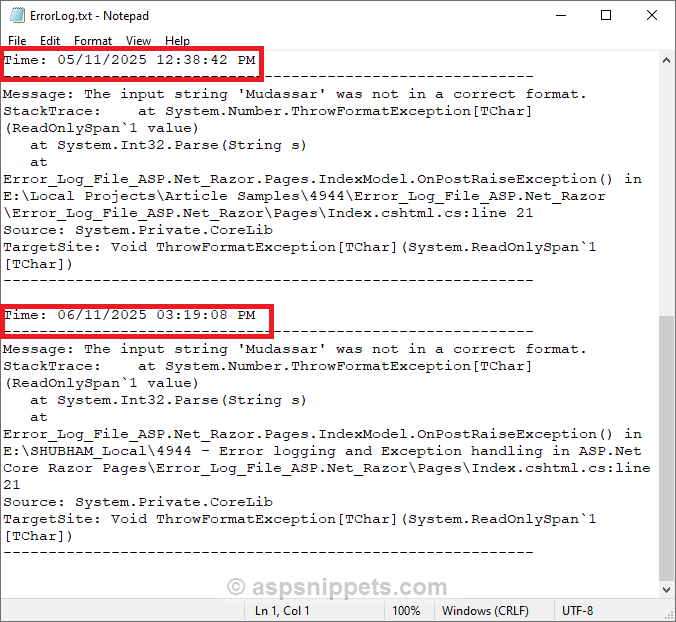 Error logging and Exception handling in ASP.Net Core Razor Pages