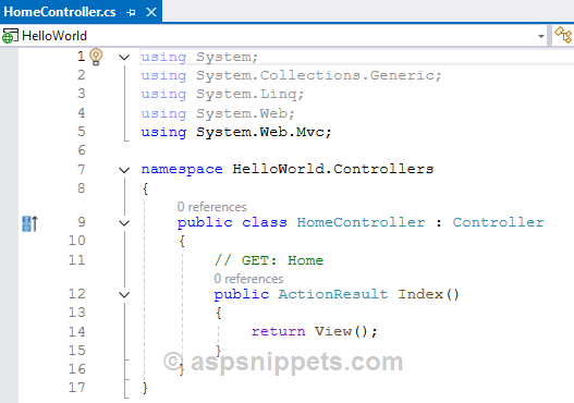 ASP.Net MVC Hello World Tutorial with Sample Program example