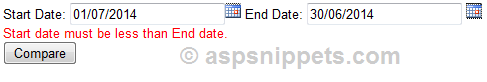 ASP.Net Start Date End Date Validation: Start date should be less than End date