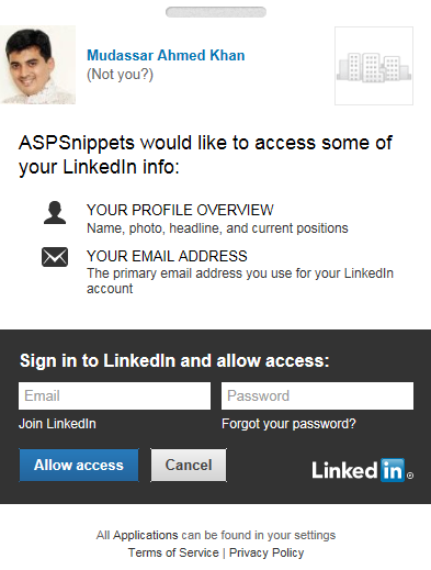 Login with LinkedIn Account and fetch User Profile details like ID, Name, Picture and Email in ASP.Net