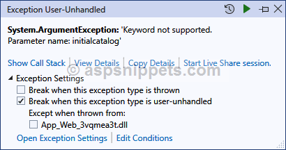 MySQL Error: 'Keyword not supported. Parameter name: ABC' error in MySql Database