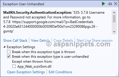 .Net MailKit Error: Authentication failed