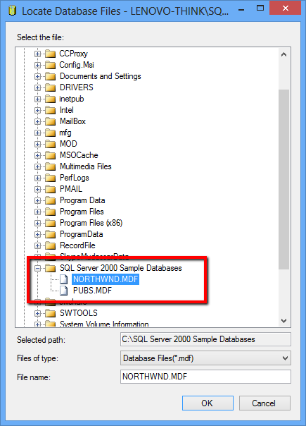 找到NORTHWIND.MDF文件并将其从SQL Server Management Studio文件资源管理器中附加