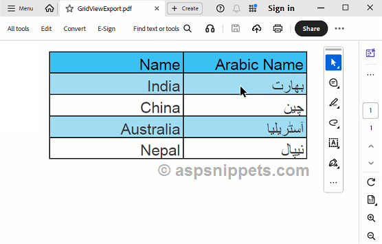 Export ASP.Net GridView Arabic, Persian or Urdu Language Characters to PDF using iTextSharp