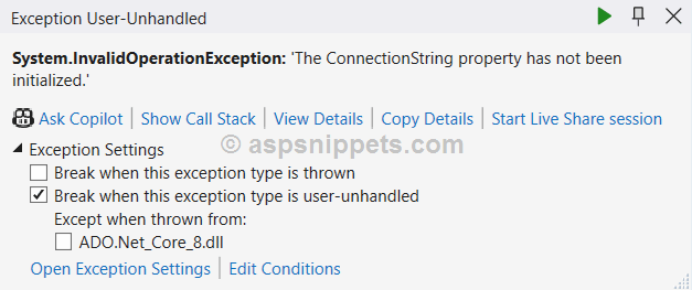 ASP.Net Core - The ConnectionString property has not been initialized