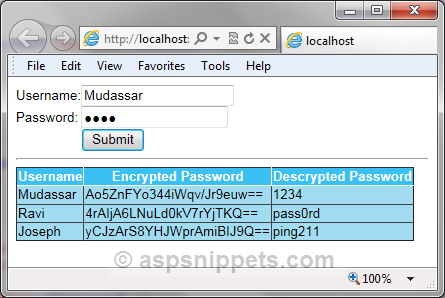 Encrypt data and store in Database in ASP.Net using C# and VB.Net