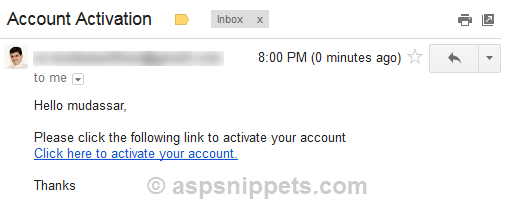 Send user Confirmation email after Registration with Activation Link in ASP.Net
