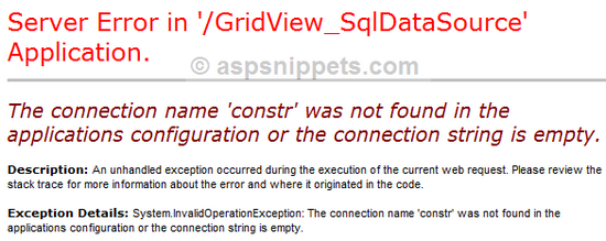 The connection name 'constr' was not found in the applications configuration or the connection string is empty