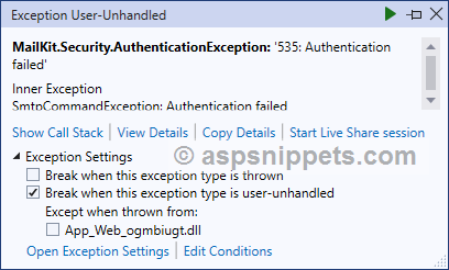 .Net MailKit Error: Authentication failed
