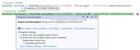 Exception - String was not recognized as a valid DateTime in C# and VB.Net