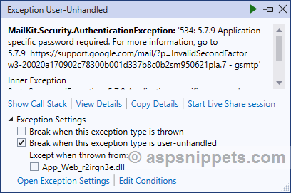 .Net MailKit Error: 5.7.9 Application-specific password required