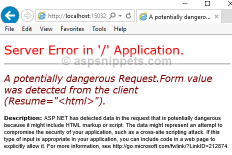 [Solution] ASP.Net MVC A potentially dangerous Request.Form value was detected from the client