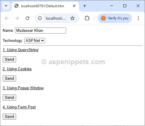 Send (Pass) Data (Values) from one page to another using jQuery