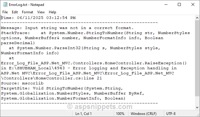 Write a Log File in ASP.Net MVC