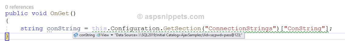 .Net Core Razor Pages: Read Connection String from AppSettings.json file