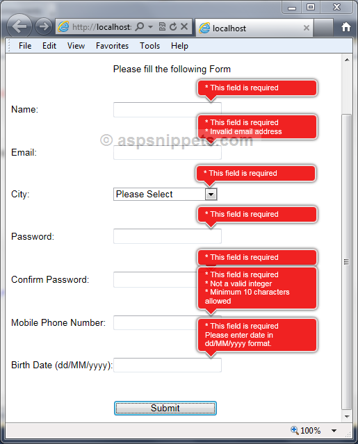 jQuery Form Validation Example in ASP.Net