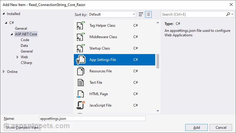 .Net Core Razor Pages: Read Connection String from AppSettings.json file