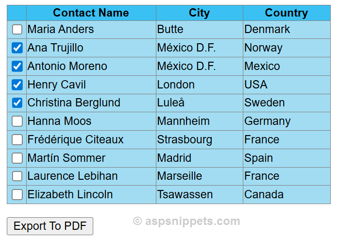 Export selected (checked) GridView Rows to PDF in ASP.Net