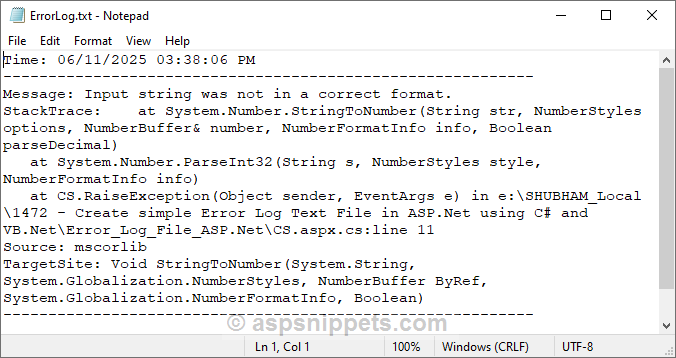 Error logging and Exception handling in ASP.Net using C# and VB.Net