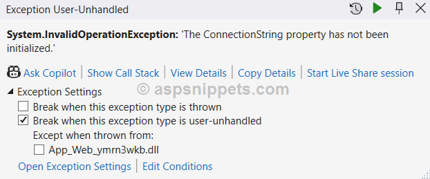 ASP.Net WebForms - The ConnectionString property has not been initialized