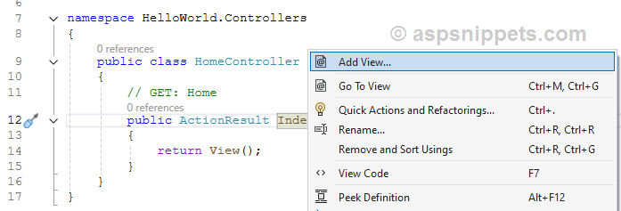 ASP.Net MVC Hello World Tutorial with Sample Program example
