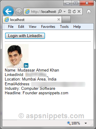 Login with LinkedIn Account and fetch User Profile details like ID, Name, Picture and Email in ASP.Net