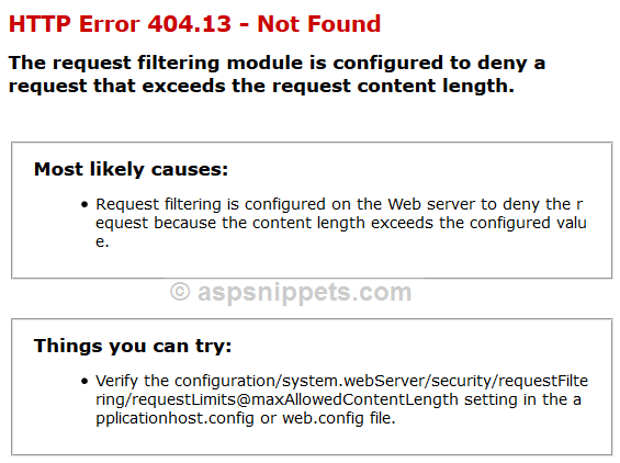 ASP.Net IIS: HTTP Error 404.13 The request filtering module is configured to deny a request