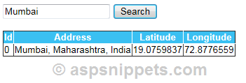 Find Co-ordinates (Latitude and Longitude) of an Address Location using Google Geocoding API in ASP.Net using C# and VB.Net