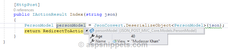 ASP.Net Core: POST JSON to Controller without AJAX