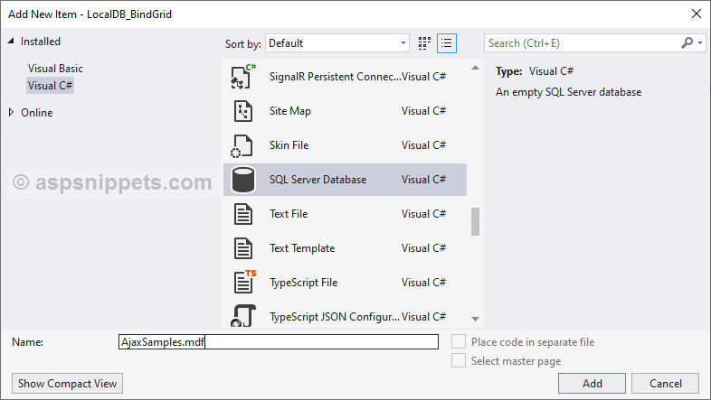 Populate (Bind) GridView using LocalDB in ASP.Net