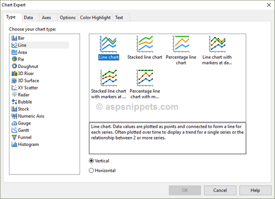 Display Line Chart in Crystal Report in ASP.Net using C# and VB.Net