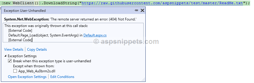 .Net WebClient Exception (Error): (404) Not Found