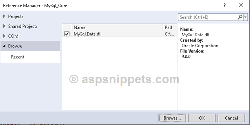 Download, install and reference MySQL Connector in ASP.Net Core