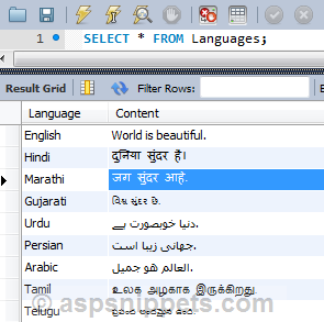 Insert Hindi, Marathi, Gujarati, Urdu, Persian, Arabic, Tamil and Telugu languages Text characters in MySql database using ASP.Net, C# and VB.Net