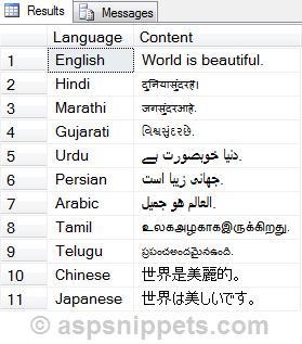 Insert Hindi, Marathi, Gujarati, Urdu, Persian, Arabic, Tamil, Telugu, Chinese and Japanese languages Text characters in SQL Server