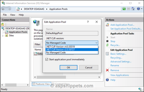 Change .Net Framework of Application Pool in IIS