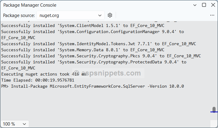 Install Microsoft.EntityFrameworkCore.SqlServer 10 Nuget Package