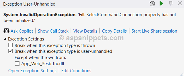 ASP.Net WebForms - Connection property has not been initialized