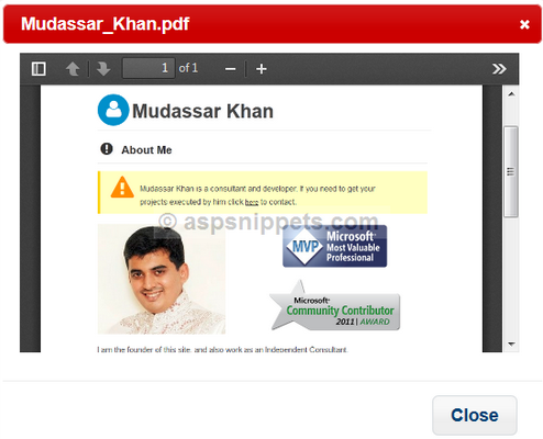 Open (Display) PDF File inside jQuery Dialog Modal Popup Window