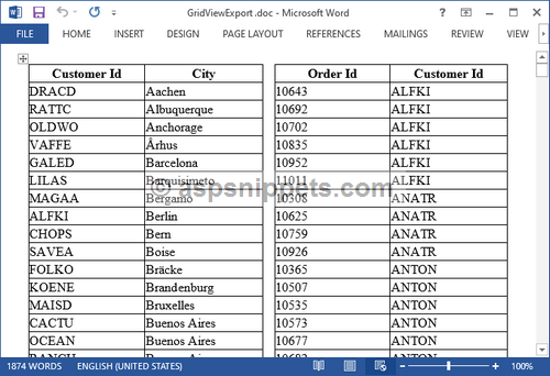 Export Multiple GridViews to Word Document in ASP.Net