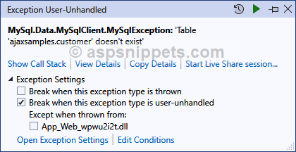 MySqlException: 'Table doesn't exist' error in MySql Database