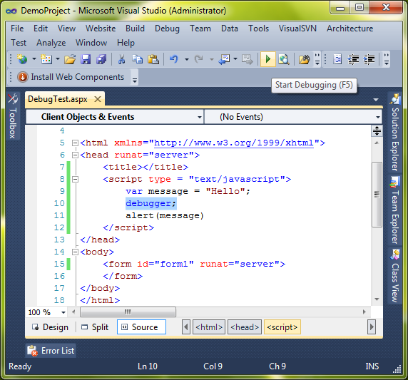 Debug JavaScript in Visual Studio 2010, 2012 and 2013